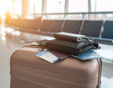 Travel essentials rest on a stylish suitcase in a sunlit airport lounge. Passports, boarding passes, and a power bank symbolize adventure and modern connectivity for global tourists.