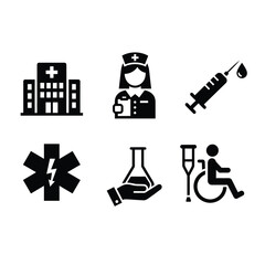 Obraz premium Medical Healthcare Solid Icons Set – Hospital, Nurse, Injection, Emergency and Disability