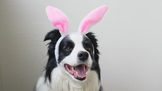 Happy Easter concept. Preparation for holiday. Cute funny puppy dog border collie wearing Easter bunny ears isolated on white background. Spring greeting dog