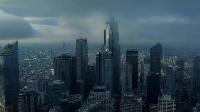 A vast urban panorama unfolds with imposing skyscrapers piercing the clouds, conveying a sense of scale and metropolitan grandeur