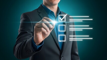 Businessman interacting with a digital checklist interface in a futuristic setting