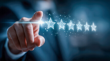Businessman selecting a five-star rating on a virtual interface representing customer satisfaction and quality service evaluation in technology environment