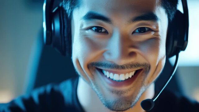 Asian male gamer focused on screen.