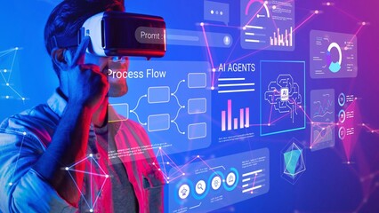 Young man wearing virtual reality headset exploring digital charts and graphs in futuristic data analysis environment with vibrant lights and technology graphics Gluon.