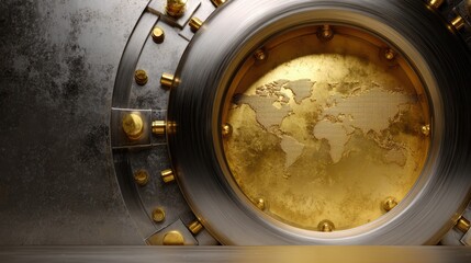 gold investment security concept, vault and global map