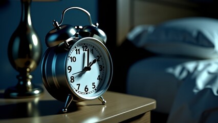 Naklejka premium Alarm clock on nightstand, anticipation for midnight, bedtime