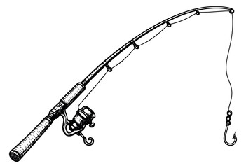 Fototapeta premium Hand drawn line art illustration of a fishing rod depicting a reel and hook for outdoor activities