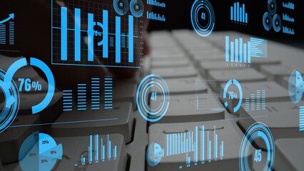 A close-up view of a keyboard overlaid with futuristic blue data visualizations, including graphs and metrics, exemplifying advanced data analysis and technology. Xenic
