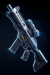 Naklejka premium futuristic sci fi rifle with glowing blue neon elements, detailed metal body and mechanical parts, realistic 3d render of high tech firearm design isolated on black background, modern science fiction 