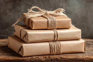 Stack of three rustic gift boxes wrapped in brown kraft paper and tied with natural jute twine sitting on a wooden surface with a textured background