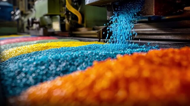 Medium shot of colored vinyl pressing line highlighting vibrant pellets being melted and molded into unique brighthued records.