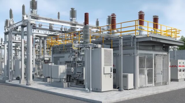Medium shot of an electromagnetic pulse shield integrated within a power substation illustrating critical infrastructure safeguarding in mixeduse urbanindustrial zones.