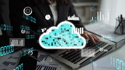 A focused businesswoman interacts with a laptop, featuring dynamic digital cloud technology and data analytics, emphasizing modern business solutions and innovation. Xenic