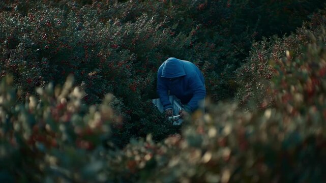 Medium shot showing a worker using a small mechanical berry picker to collect wild berries from dense untamed shrubbery in natural terrain.