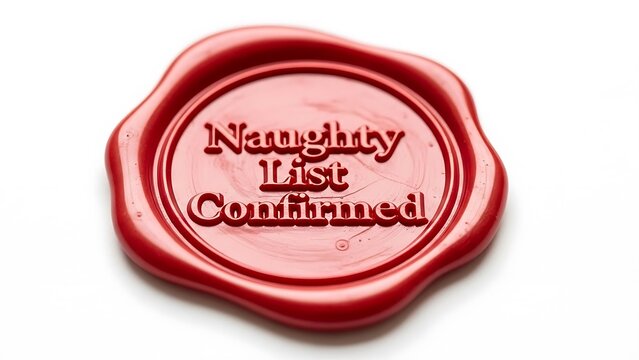 Close-up of a red wax seal with "Naughty List Confirmed" text. Isolated on white background