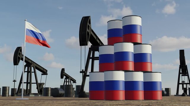 Russia Oil Production and Energy Industry Concept with Flag Barrels and Industrial Pump Jacks