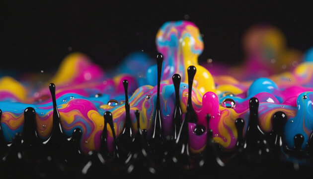 Abstract black ferrofluid spikes in colorful neon oil and water mixture