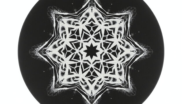 Geometric cymatics sound wave pattern in white sand on black plate