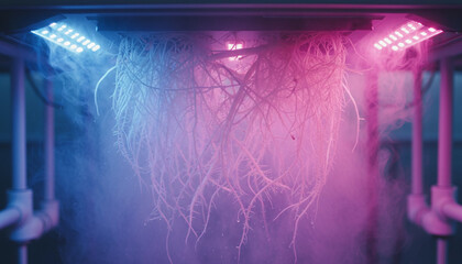 Aeroponic plant roots hanging in mist with led lights in futuristic greenhouse