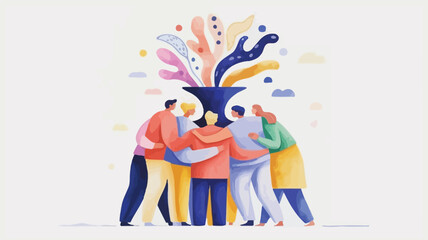 Diverse group of people embracing around colorful abstract art