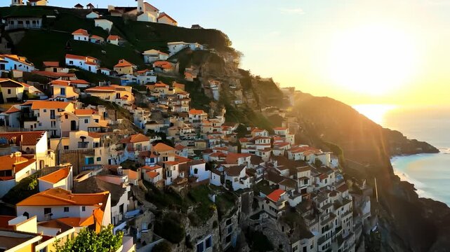 Colorful houses with orange roofs are nestled on steep cliffs as the sun sets over the ocean. These vibrant houses and the sunset create a picturesque coastal landscape.