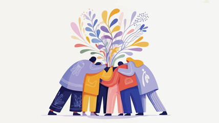 Diverse group of people coming together in unity and harmony with colorful floral elements