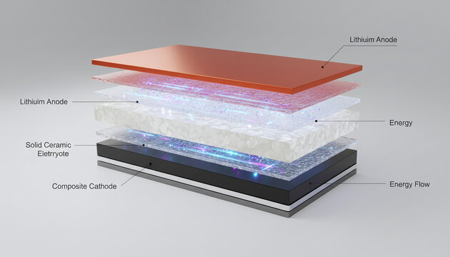 Solid state battery cross section with lithium layers and ceramic electrolyte
