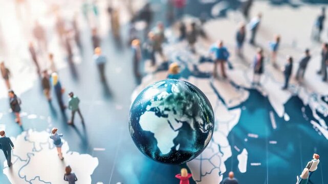 Miniature figures surrounding small globe on map, illustrating global connection or population distribution