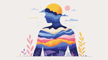 Vibrant human silhouette with colorful landscape layers in nature