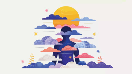 Person surrounded by vibrant colorful clouds and sun