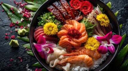 Vibrant and Colorful Sushi Platter with Fresh Seafood, Decorative Flowers, and Gourmet Ingredients on a Dark Background