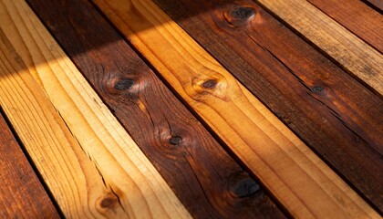 A top-down, close-up shot of a rustic wooden surface. The surface is composed of horizontal planks of wood, varying slightly in color from a light golden brown to a darker, richer brown.