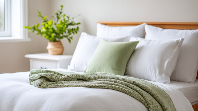 Fresh spring bedroom with white linen and green accents for a bright and relaxing atmosphere