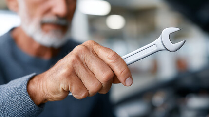 Experienced mechanic fixing car engine with wrench in workshop
