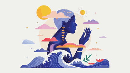 Stunning illustration of a woman surrounded by nature and celestial elements