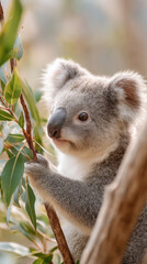 Naklejka premium Koala holding branch in windy eucalyptus forest setting