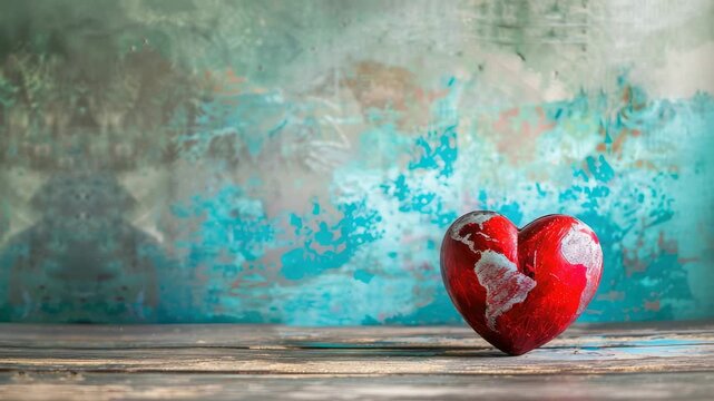 Red heart with white patch on rustic wooden surface against abstract turquoise background
