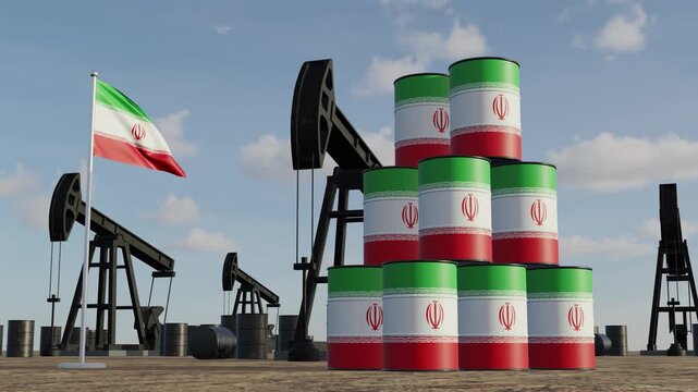 Iran Oil Production and Extraction with Flag Barrels and Pump Jacks under Blue Sky