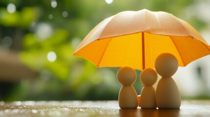 Two figurines stand close under a yellow umbrella, sharing a moment amidst raindrops on the table below.