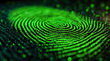 Detailed digital fingerprint illuminated in vibrant green light representing advanced biometric security and identity verification technology concepts in a futuristi