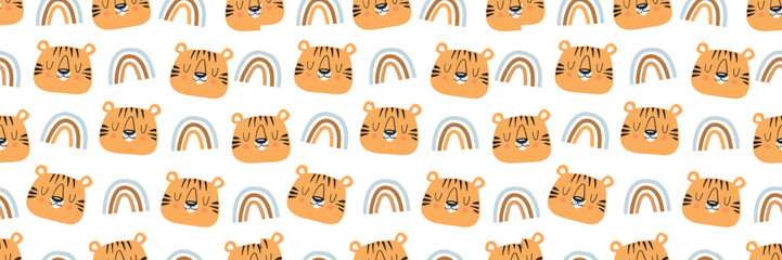 Seamless tiger pattern with cute boho jungle animals. Playful cartoon safari print perfect for kids' textiles, wallpaper, and contemporary apparel designs.