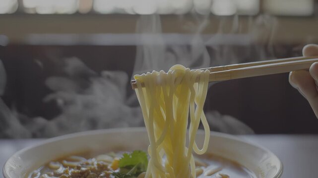 Steaming bowl of noodles with fresh herbs, captured in three frames showing the action of lifting noodles with chopsticks, revealing delicious textures and vibrant colors