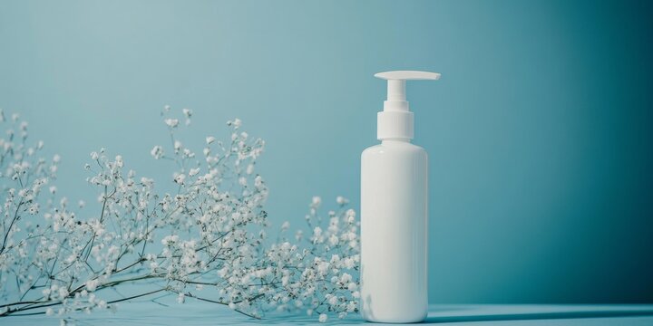 A bottle of white lotion with a pump dispenser and a blue background adorned with small white flowers.