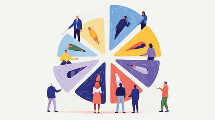 Diverse team members collaborating on colorful pie chart sections