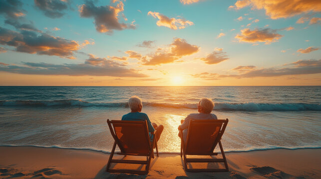 smiling senior couple sitting on bench, hugging and looking at each other in soft warm sunset light, happy elderly love, togetherness and peaceful retirement moment