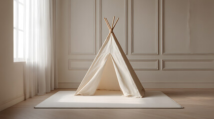 Cozy Indoor Teepee: A charming teepee tent is set up indoors in a soft, bright room. the scene is one of peacefulness and childlike wonder, perfect for playtime or quiet moments.