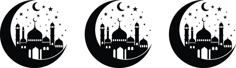 Black silhouettes of mosques with domes and minarets under crescent moons and stars