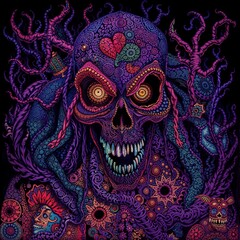 Colorful skull illustration with intricate patterns and dark background  