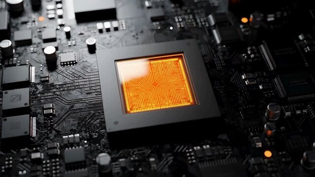 Central processor animation video with glowing orange core on circuit board, data computing, electronic hardware, artificial intelligence systems, futuristic technology background