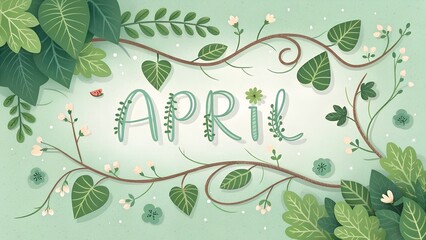 April shaped from fresh green leaves and soft vines, airy spring light, pastel green backdrop